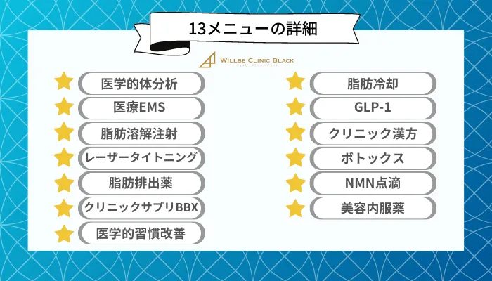 ウィルビークリニックブラック医療痩身13メニューの詳細