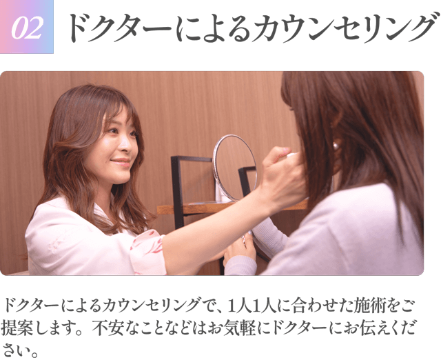 【02ドクターによるカウンセリング】ドクターによるカウンセリングで、1人1人に合わせた施術をご提案します。不安なことなどはお気軽にドクターにお伝えください。