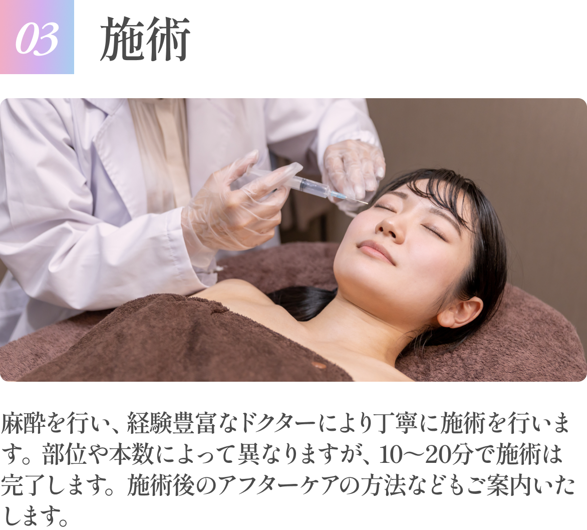 【03施術】麻酔を行い、経験豊富なドクターにより丁寧に施術を行います。部位や本数によって異なりますが、１0～20分で施術は完了します。施術後のアフターケアの方法などもご案内いたします。