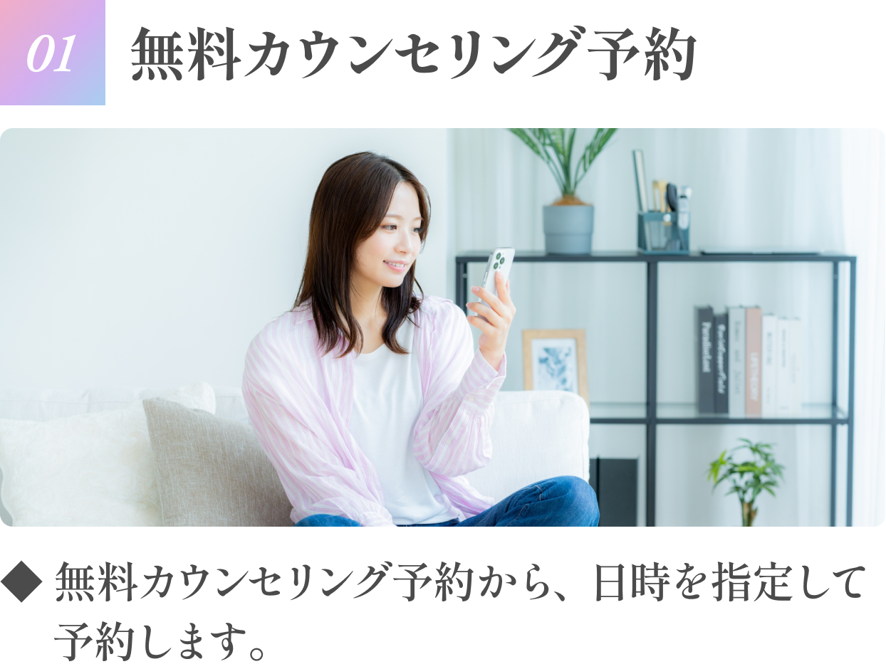 【01無料カウンセリング】無料カウンセリング予約から日時を指定して予約します。