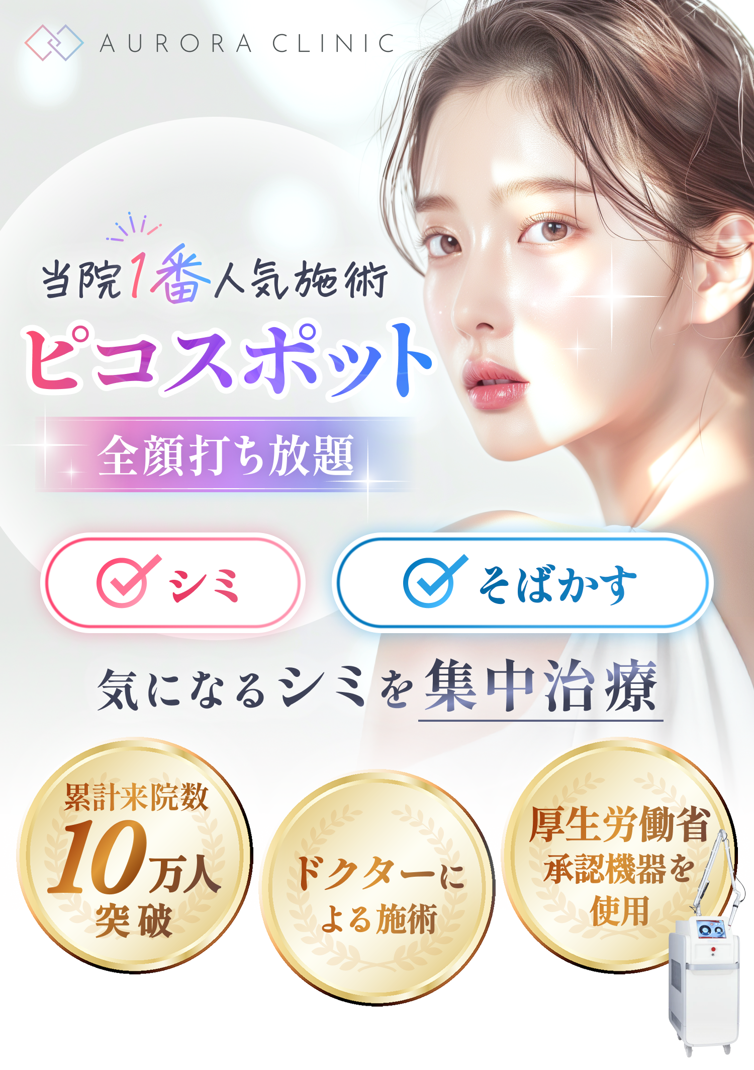 当院一番人気施術ピコスポット全顔打ち放題 気になるシミを集中治療 累計来院数10万人突破 ドクターによる施術 厚生労働省承認機器を使用