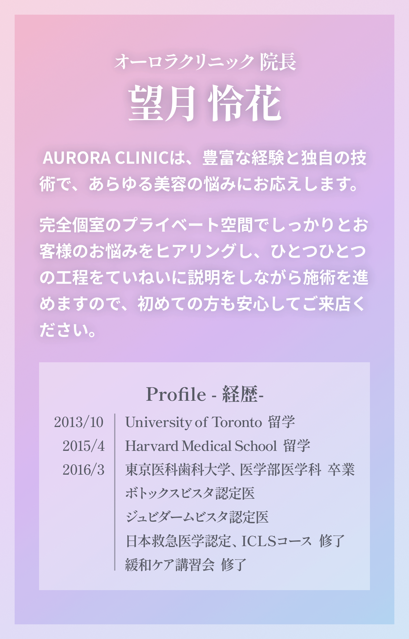 オーロラクリニック院長望月怜花ご挨拶
