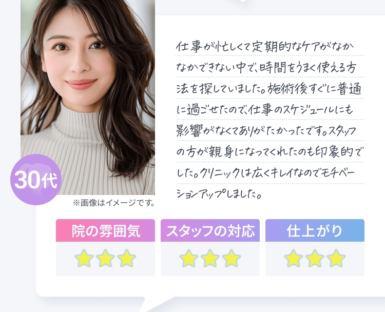 30代女性 | 仕事が忙しくて定期的なケアがなかなかできない中で、時間をうまく使える方法を探していました。施術後すぐに普通に過ごせたので、仕事のスケジュールにも影響がなくてありがたかったです。スタッフの方が親身になってくれたのも印象的でした。クリニックは広くキレイなのでモチベーションアップしました。